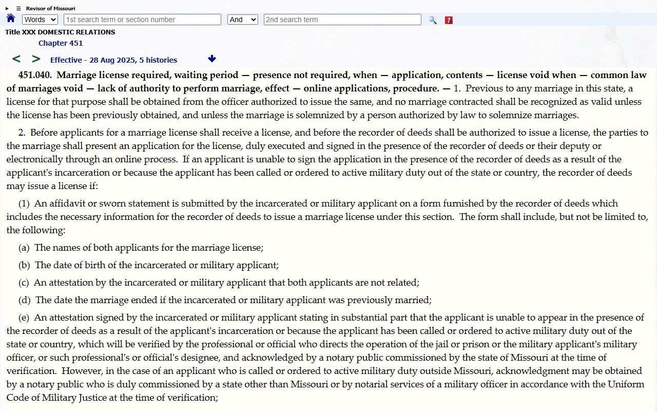 Morgan County Circuit Clerk records Missouri marriage statute distinction