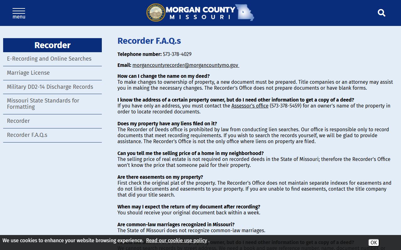 Morgan County marriage records Recorder FAQ search limits