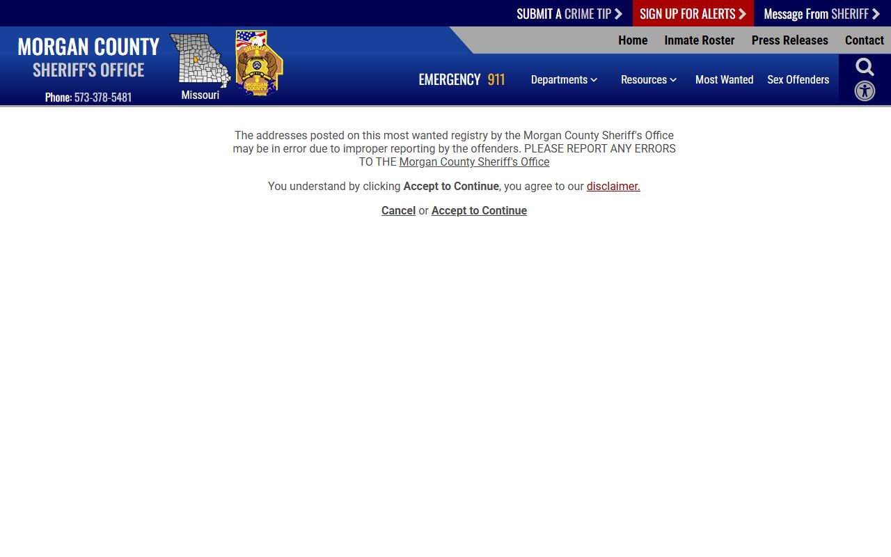 Morgan County warrant records Most Wanted disclaimer gate